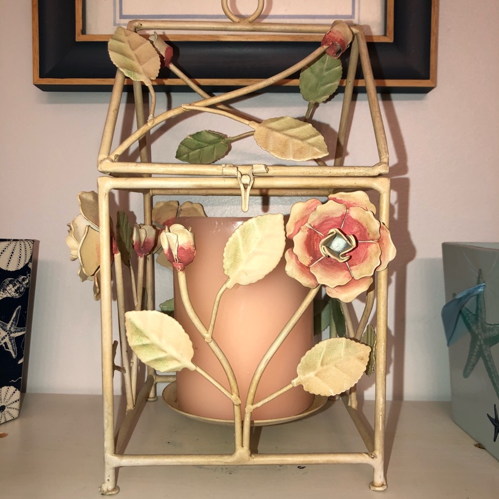 Stylish metal cage candle holder! W/Pink flowers